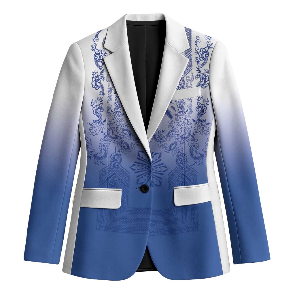 Philippines Barong Style Blazer with Polynesian Art and Leaf Motif Blue Color