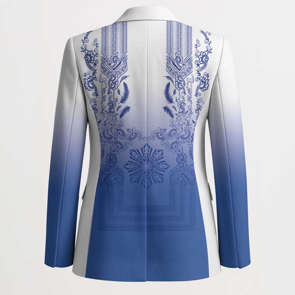 Philippines Barong Style Blazer with Polynesian Art and Leaf Motif Blue Color