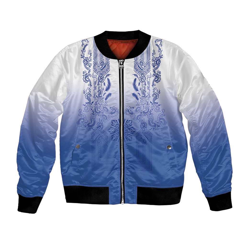 Philippines Barong Style Bomber Jacket with Polynesian Art and Leaf Motif Blue Color