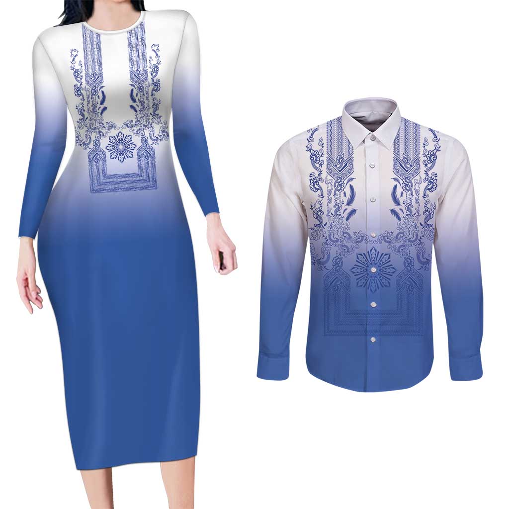 Philippines Barong Style Couples Matching Long Sleeve Bodycon Dress and Long Sleeve Button Shirt with Polynesian Art and Leaf Motif Blue Color