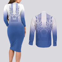 Philippines Barong Style Couples Matching Long Sleeve Bodycon Dress and Long Sleeve Button Shirt with Polynesian Art and Leaf Motif Blue Color LT03 - Polynesian Pride
