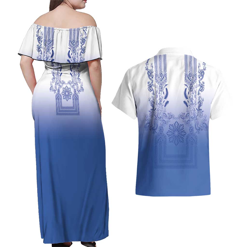 Philippines Barong Style Couples Matching Off Shoulder Maxi Dress and Hawaiian Shirt with Polynesian Art and Leaf Motif Blue Color LT03 - Polynesian Pride