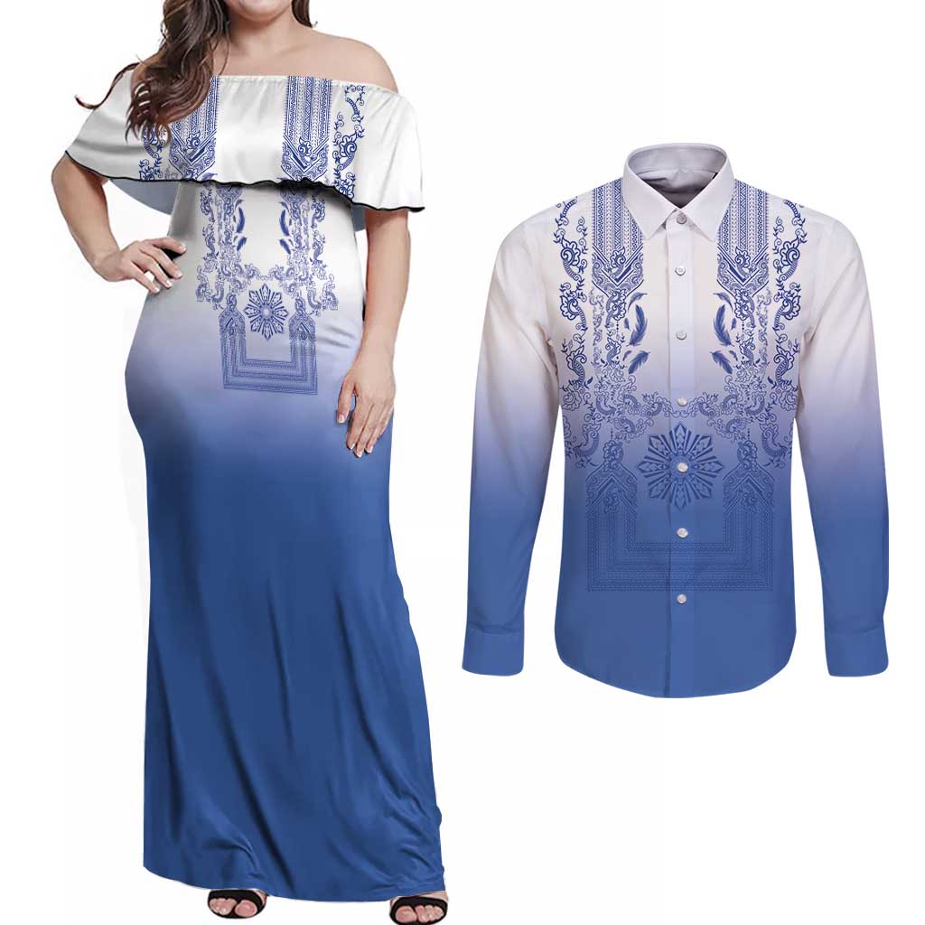 Philippines Barong Style Couples Matching Off Shoulder Maxi Dress and Long Sleeve Button Shirt with Polynesian Art and Leaf Motif Blue Color LT03 Blue - Polynesian Pride
