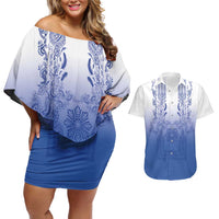 Philippines Barong Style Couples Matching Off Shoulder Short Dress and Hawaiian Shirt with Polynesian Art and Leaf Motif Blue Color LT03 Blue - Polynesian Pride