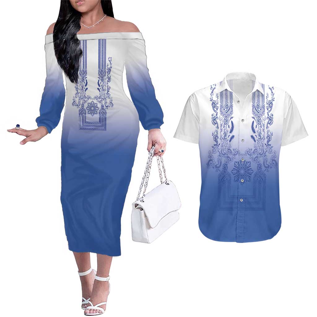 Philippines Barong Style Couples Matching Off The Shoulder Long Sleeve Dress and Hawaiian Shirt with Polynesian Art and Leaf Motif Blue Color LT03 Blue - Polynesian Pride