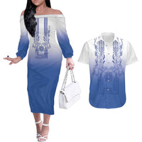 Philippines Barong Style Couples Matching Off The Shoulder Long Sleeve Dress and Hawaiian Shirt with Polynesian Art and Leaf Motif Blue Color LT03 Blue - Polynesian Pride