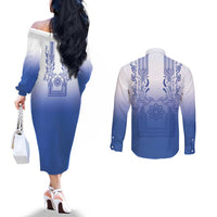 Philippines Barong Style Couples Matching Off The Shoulder Long Sleeve Dress and Long Sleeve Button Shirt with Polynesian Art and Leaf Motif Blue Color LT03 - Polynesian Pride