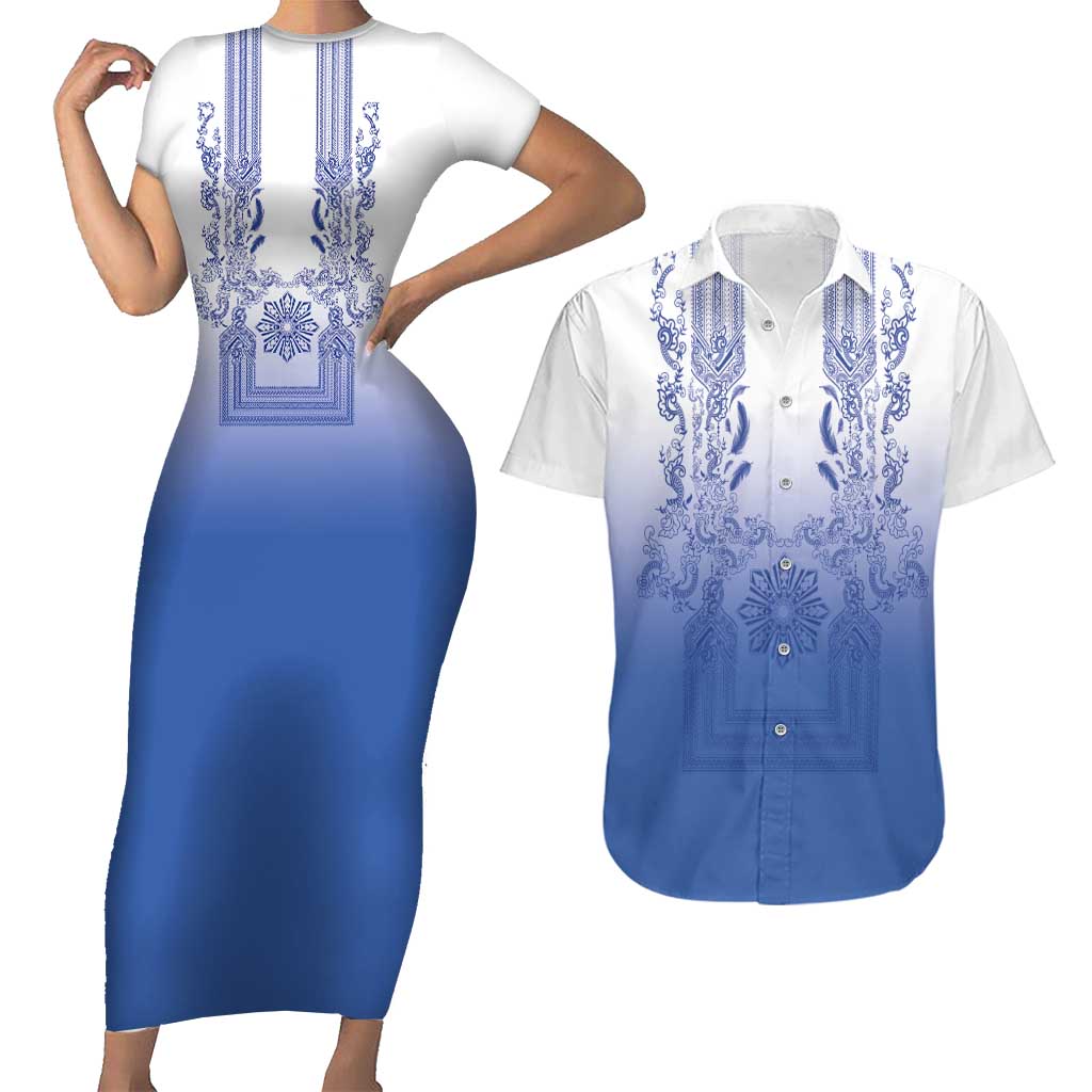 Philippines Barong Style Couples Matching Short Sleeve Bodycon Dress and Hawaiian Shirt with Polynesian Art and Leaf Motif Blue Color