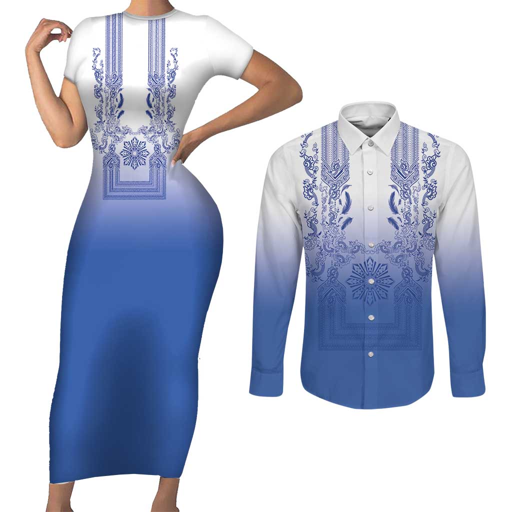 Philippines Barong Style Couples Matching Short Sleeve Bodycon Dress and Long Sleeve Button Shirt with Polynesian Art and Leaf Motif Blue Color