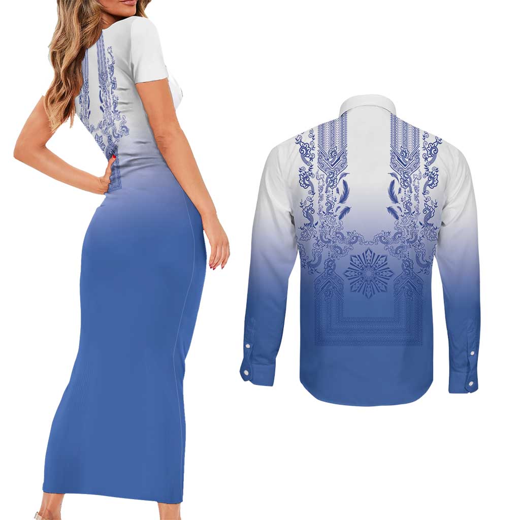 Philippines Barong Style Couples Matching Short Sleeve Bodycon Dress and Long Sleeve Button Shirt with Polynesian Art and Leaf Motif Blue Color LT03 - Polynesian Pride