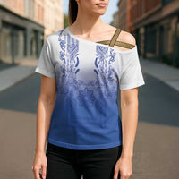 Philippines Barong Style Cross Shoulder Shirt with Polynesian Art and Leaf Motif Blue Color