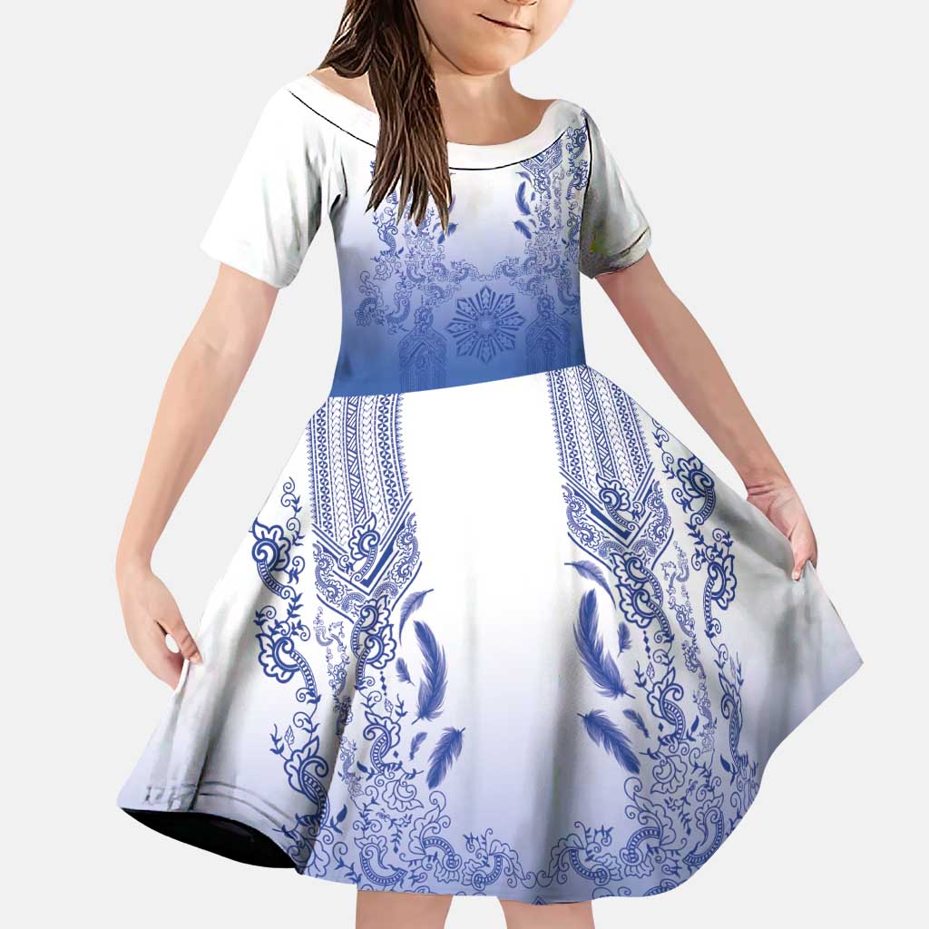 Philippines Barong Style Family Matching Long Sleeve Bodycon Dress and Hawaiian Shirt with Polynesian Art and Leaf Motif Blue Color LT03 Daughter's Dress Blue - Polynesian Pride