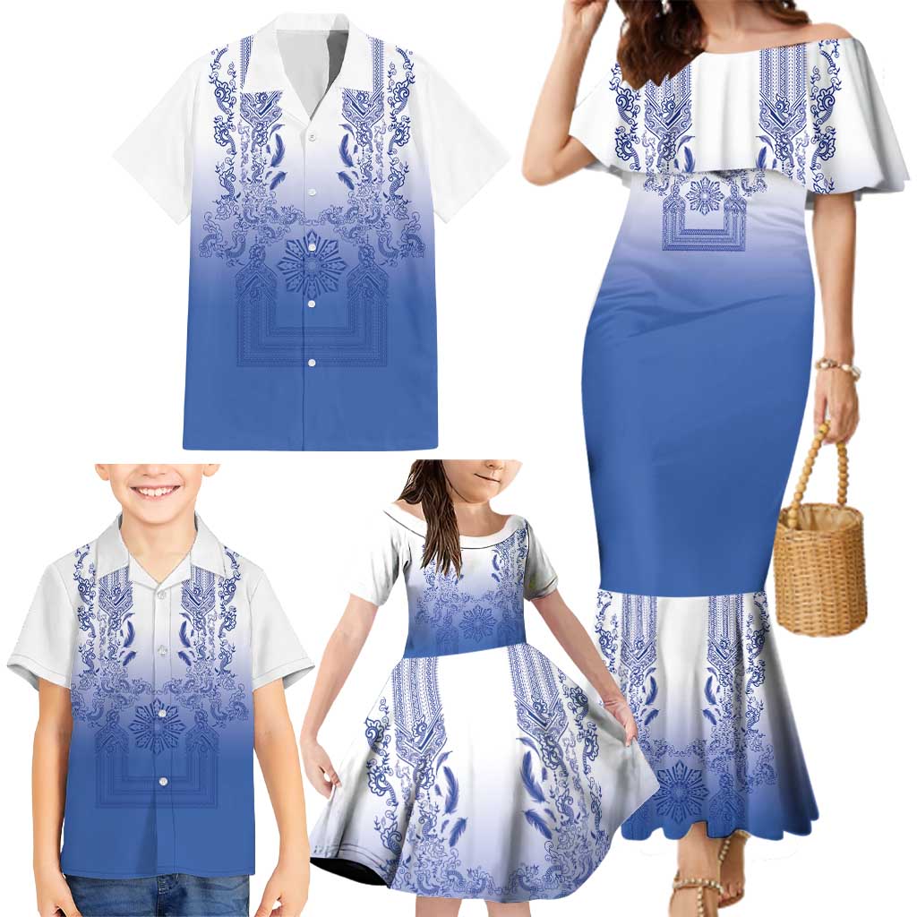 Philippines Barong Style Family Matching Mermaid Dress and Hawaiian Shirt with Polynesian Art and Leaf Motif Blue Color