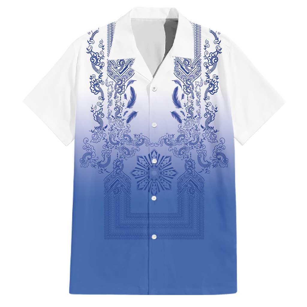 Philippines Barong Style Family Matching Off The Shoulder Long Sleeve Dress and Hawaiian Shirt with Polynesian Art and Leaf Motif Blue Color LT03 Dad's Shirt - Short Sleeve Blue - Polynesian Pride
