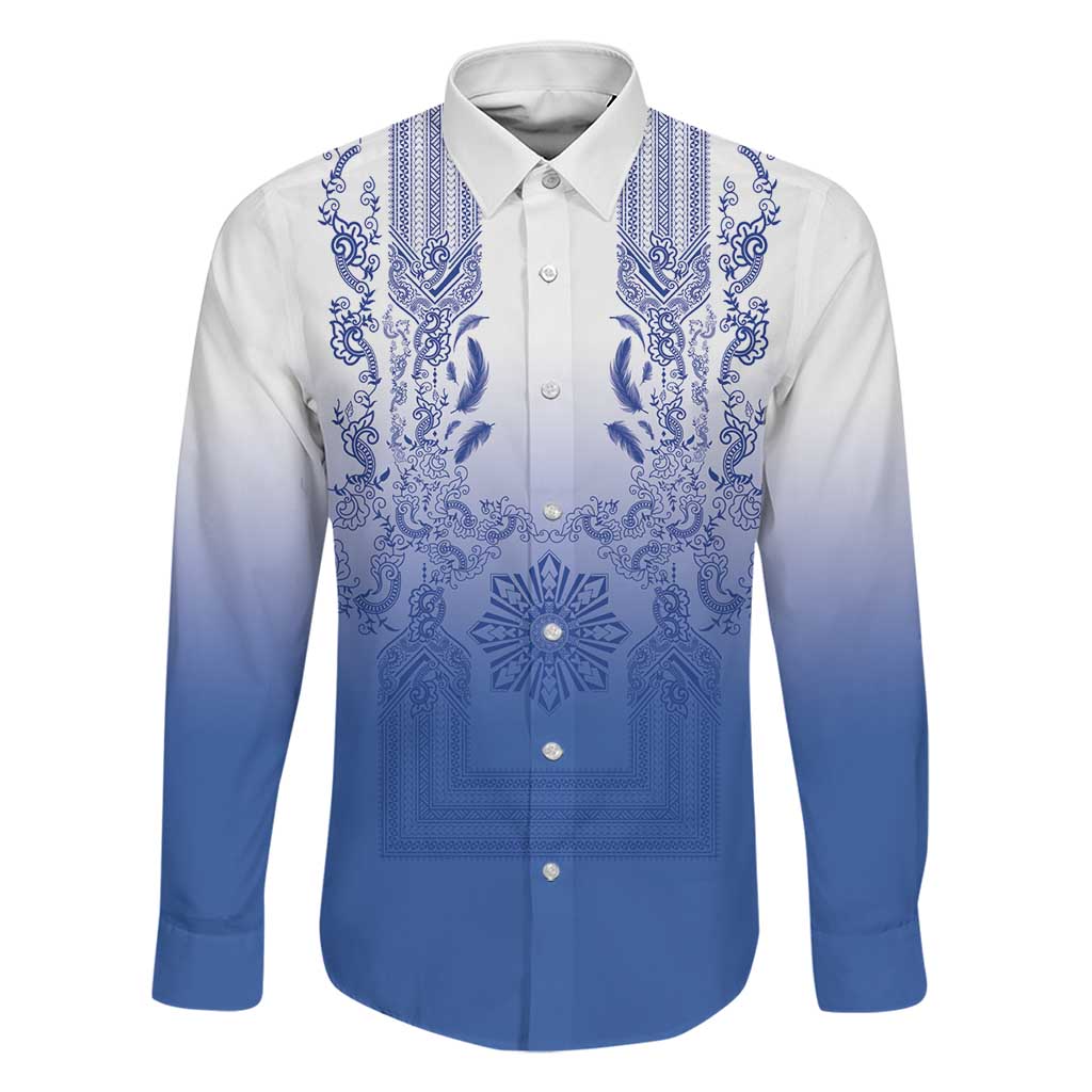 Philippines Barong Style Family Matching Off The Shoulder Long Sleeve Dress and Hawaiian Shirt with Polynesian Art and Leaf Motif Blue Color LT03 Dad's Shirt - Long Sleeve Blue - Polynesian Pride