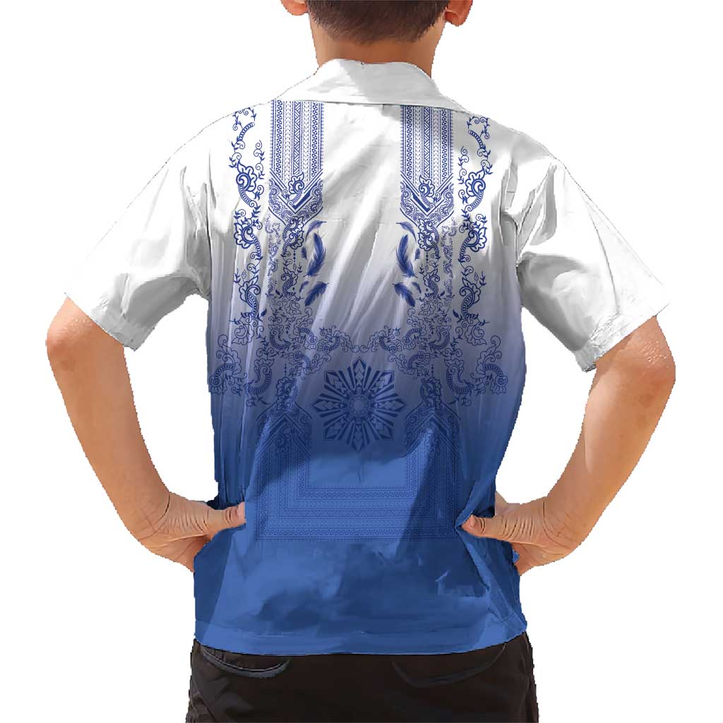 Philippines Barong Style Family Matching Off Shoulder Maxi Dress and Hawaiian Shirt with Polynesian Art and Leaf Motif Blue Color LT03 - Polynesian Pride