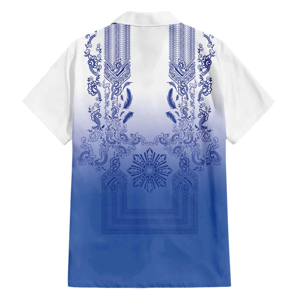 Philippines Barong Style Family Matching Off Shoulder Maxi Dress and Hawaiian Shirt with Polynesian Art and Leaf Motif Blue Color LT03 - Polynesian Pride