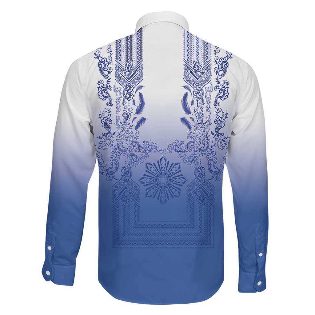 Philippines Barong Style Family Matching Off Shoulder Short Dress and Hawaiian Shirt with Polynesian Art and Leaf Motif Blue Color LT03 - Polynesian Pride