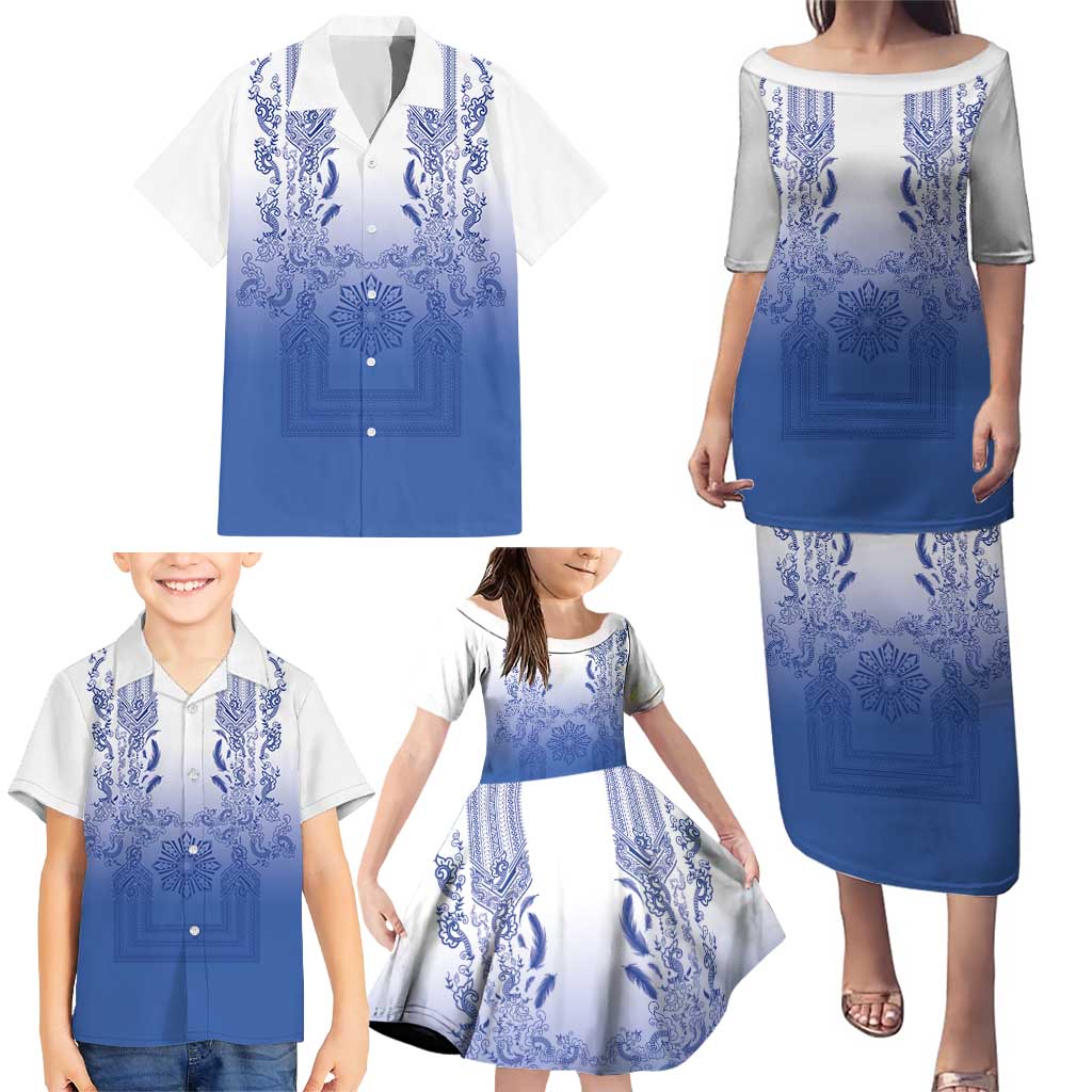 Philippines Barong Style Family Matching Puletasi and Hawaiian Shirt with Polynesian Art and Leaf Motif Blue Color LT03 - Polynesian Pride
