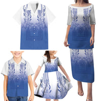 Philippines Barong Style Family Matching Puletasi and Hawaiian Shirt with Polynesian Art and Leaf Motif Blue Color LT03 - Polynesian Pride