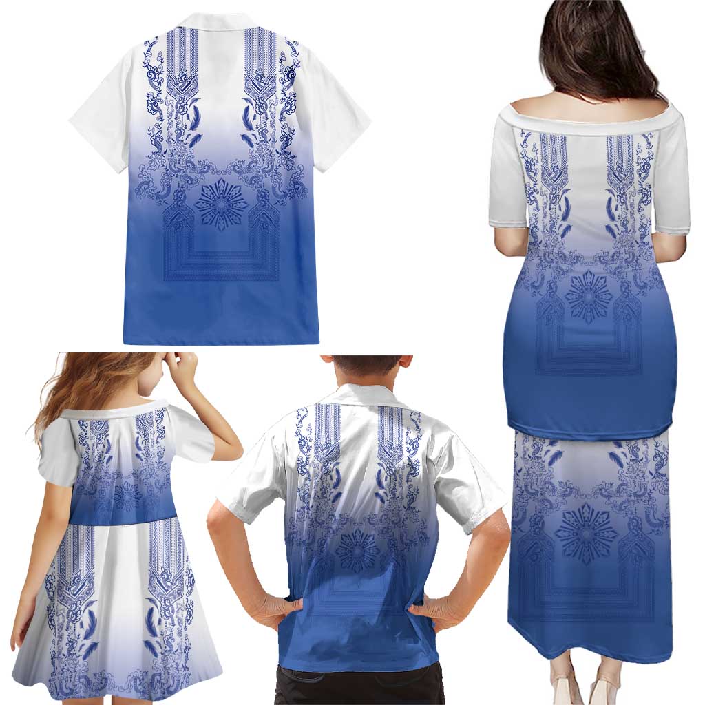 Philippines Barong Style Family Matching Puletasi and Hawaiian Shirt with Polynesian Art and Leaf Motif Blue Color LT03 - Polynesian Pride