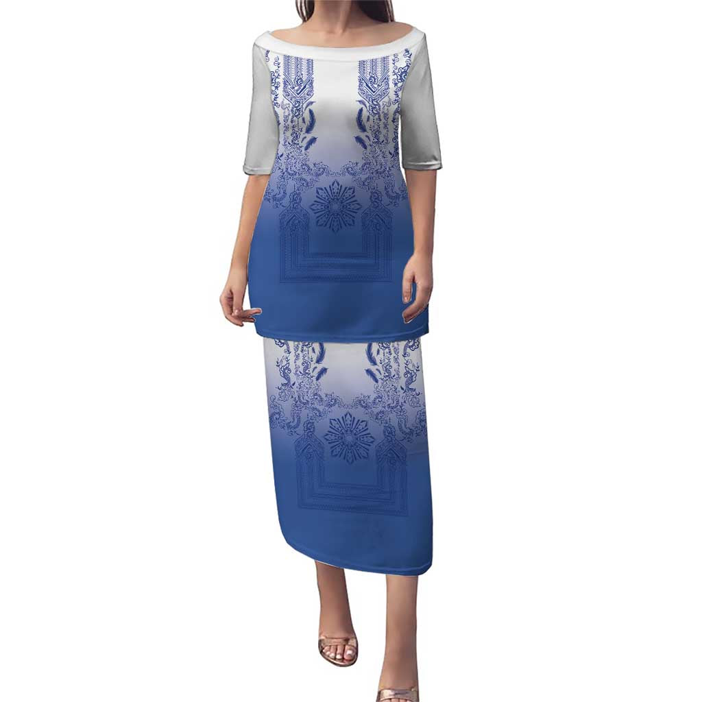 Philippines Barong Style Family Matching Puletasi and Hawaiian Shirt with Polynesian Art and Leaf Motif Blue Color LT03 Mom's Dress Blue - Polynesian Pride