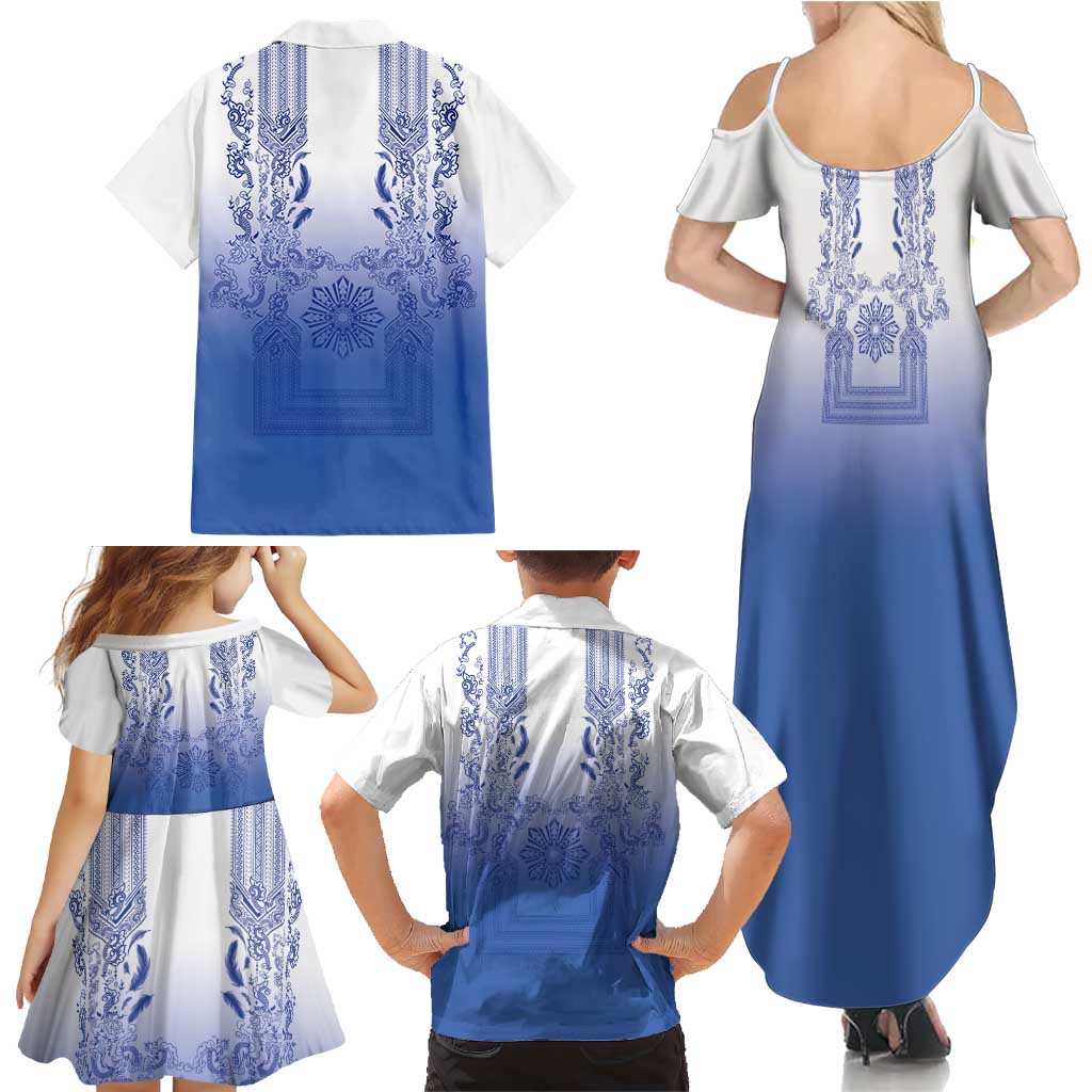 Philippines Barong Style Family Matching Summer Maxi Dress and Hawaiian Shirt with Polynesian Art and Leaf Motif Blue Color LT03 - Polynesian Pride