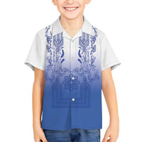 Philippines Barong Style Family Matching Summer Maxi Dress and Hawaiian Shirt with Polynesian Art and Leaf Motif Blue Color LT03 Son's Shirt Blue - Polynesian Pride