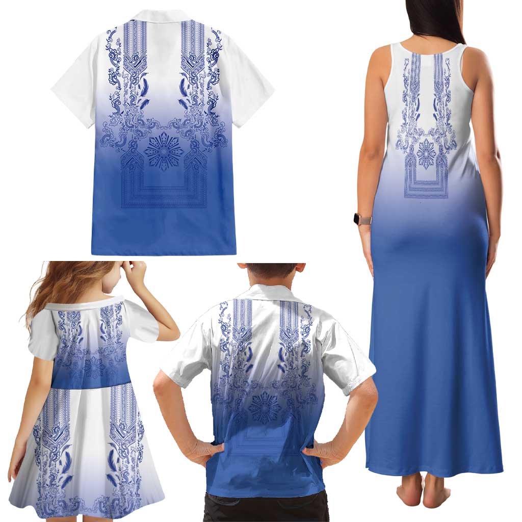 Philippines Barong Style Family Matching Tank Maxi Dress and Hawaiian Shirt with Polynesian Art and Leaf Motif Blue Color LT03 - Polynesian Pride
