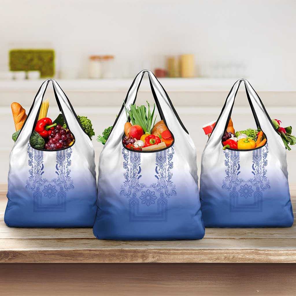Philippines Barong Style Grocery Bag with Polynesian Art and Leaf Motif Blue Color
