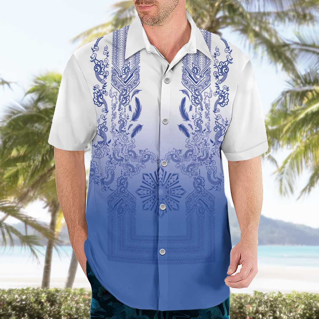 Philippines Barong Style Hawaiian Shirt with Polynesian Art and Leaf Motif Blue Color