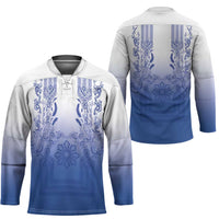 Philippines Barong Style Hockey Jersey with Polynesian Art and Leaf Motif Blue Color