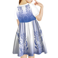 Philippines Barong Style Kid Short Sleeve Dress with Polynesian Art and Leaf Motif Blue Color