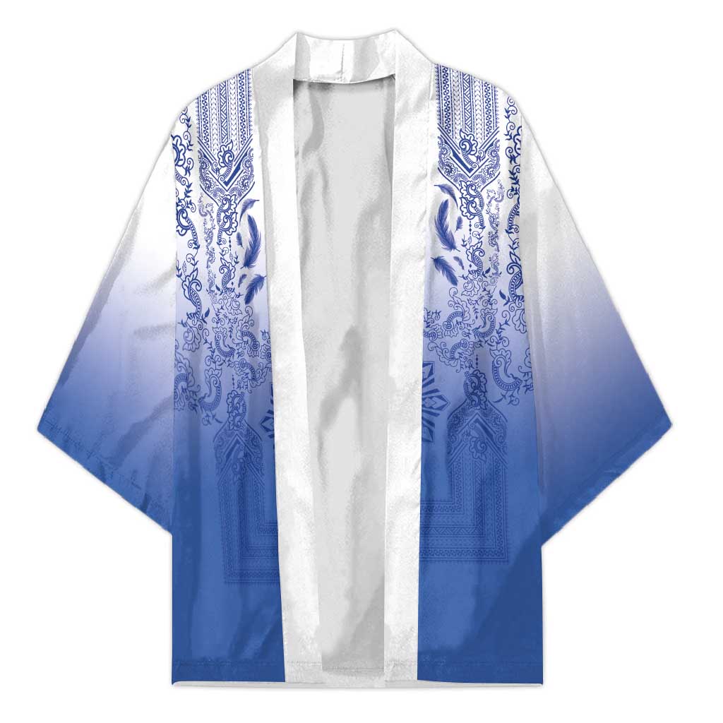 Philippines Barong Style Kimono with Polynesian Art and Leaf Motif Blue Color