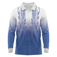 Philippines Barong Style Long Sleeve Polo Shirt with Polynesian Art and Leaf Motif Blue Color