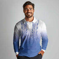 Philippines Barong Style Long Sleeve Polo Shirt with Polynesian Art and Leaf Motif Blue Color