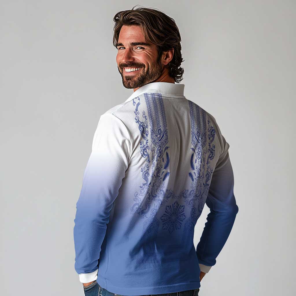 Philippines Barong Style Long Sleeve Polo Shirt with Polynesian Art and Leaf Motif Blue Color