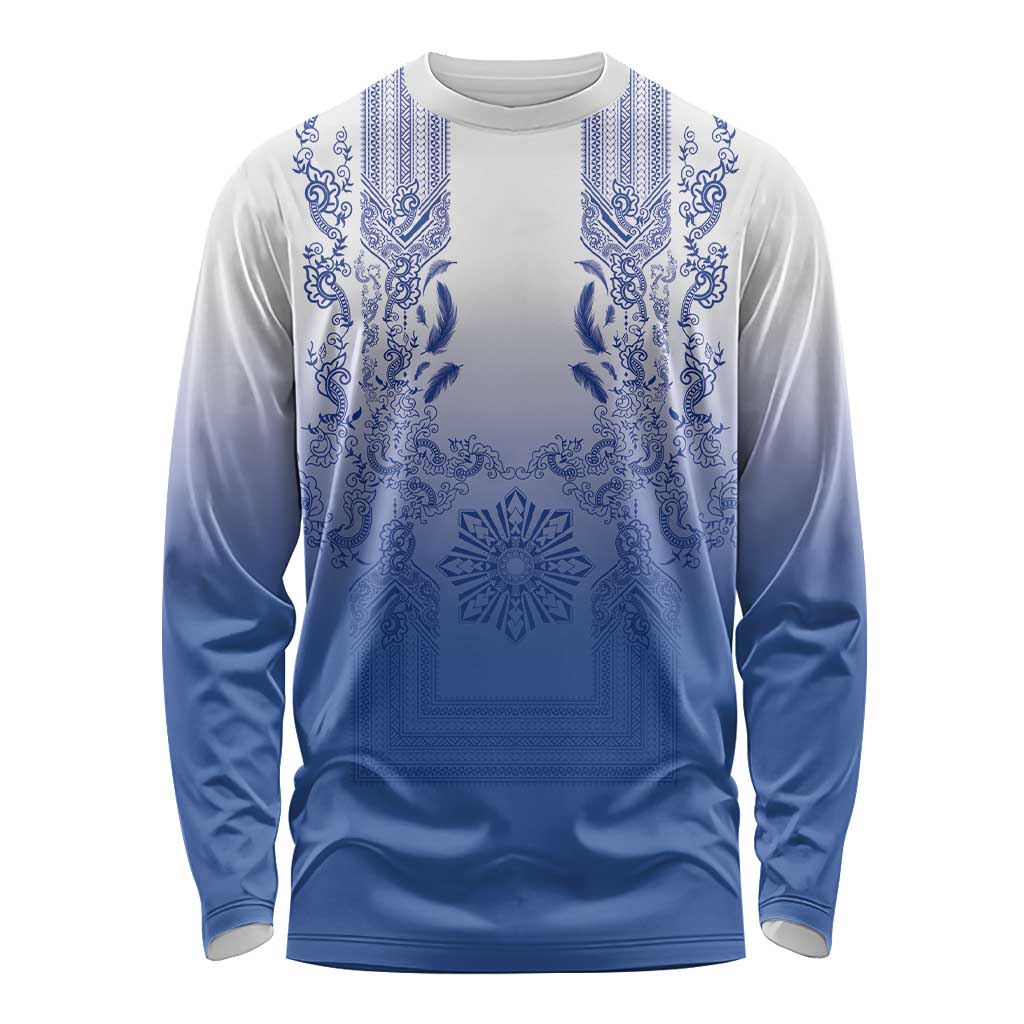 Philippines Barong Style Long Sleeve Shirt with Polynesian Art and Leaf Motif Blue Color