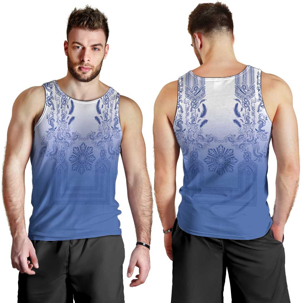 Philippines Barong Style Men Tank Top with Polynesian Art and Leaf Motif Blue Color