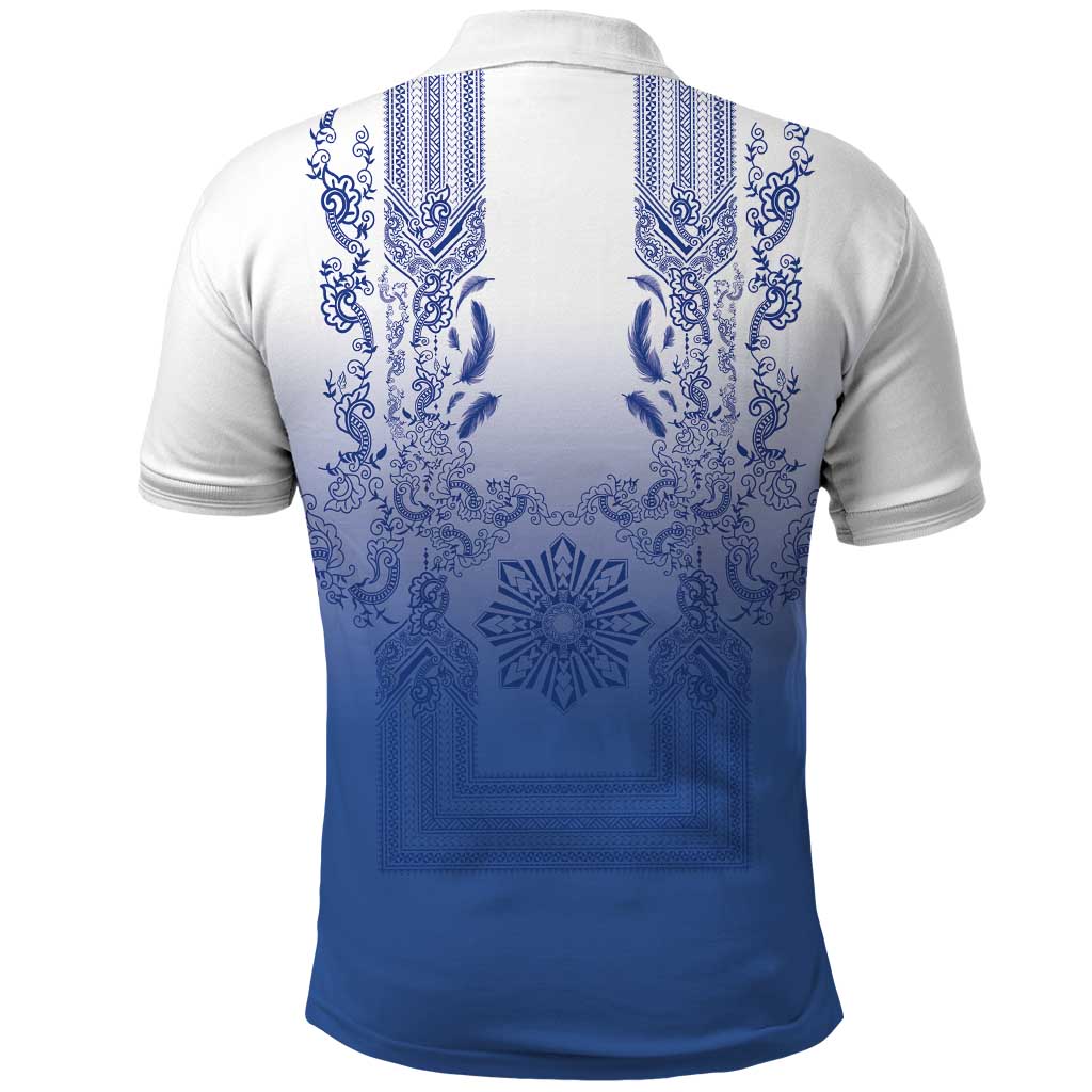Philippines Barong Style Polo Shirt with Polynesian Art and Leaf Motif Blue Color