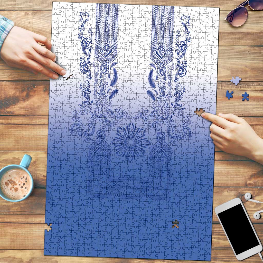 Philippines Barong Style Puzzle with Polynesian Art and Leaf Motif Blue Color