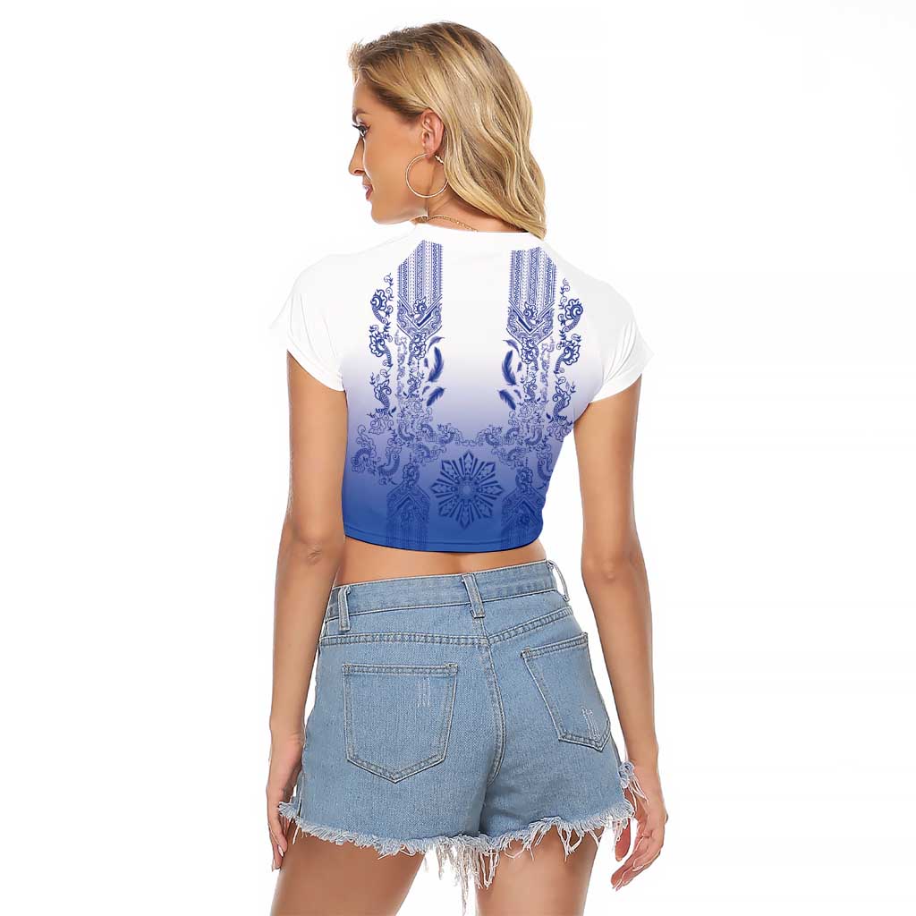 Philippines Barong Style Raglan Cropped T Shirt with Polynesian Art and Leaf Motif Blue Color