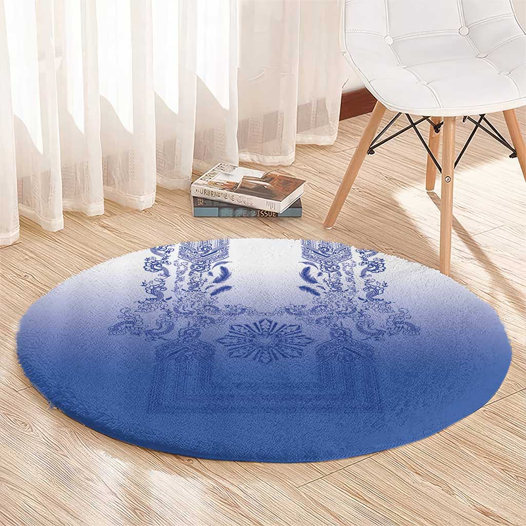 Philippines Barong Style Round Carpet with Polynesian Art and Leaf Motif Blue Color