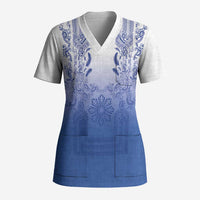 Philippines Barong Style Scrub Top with Polynesian Art and Leaf Motif Blue Color