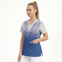 Philippines Barong Style Scrub Top with Polynesian Art and Leaf Motif Blue Color