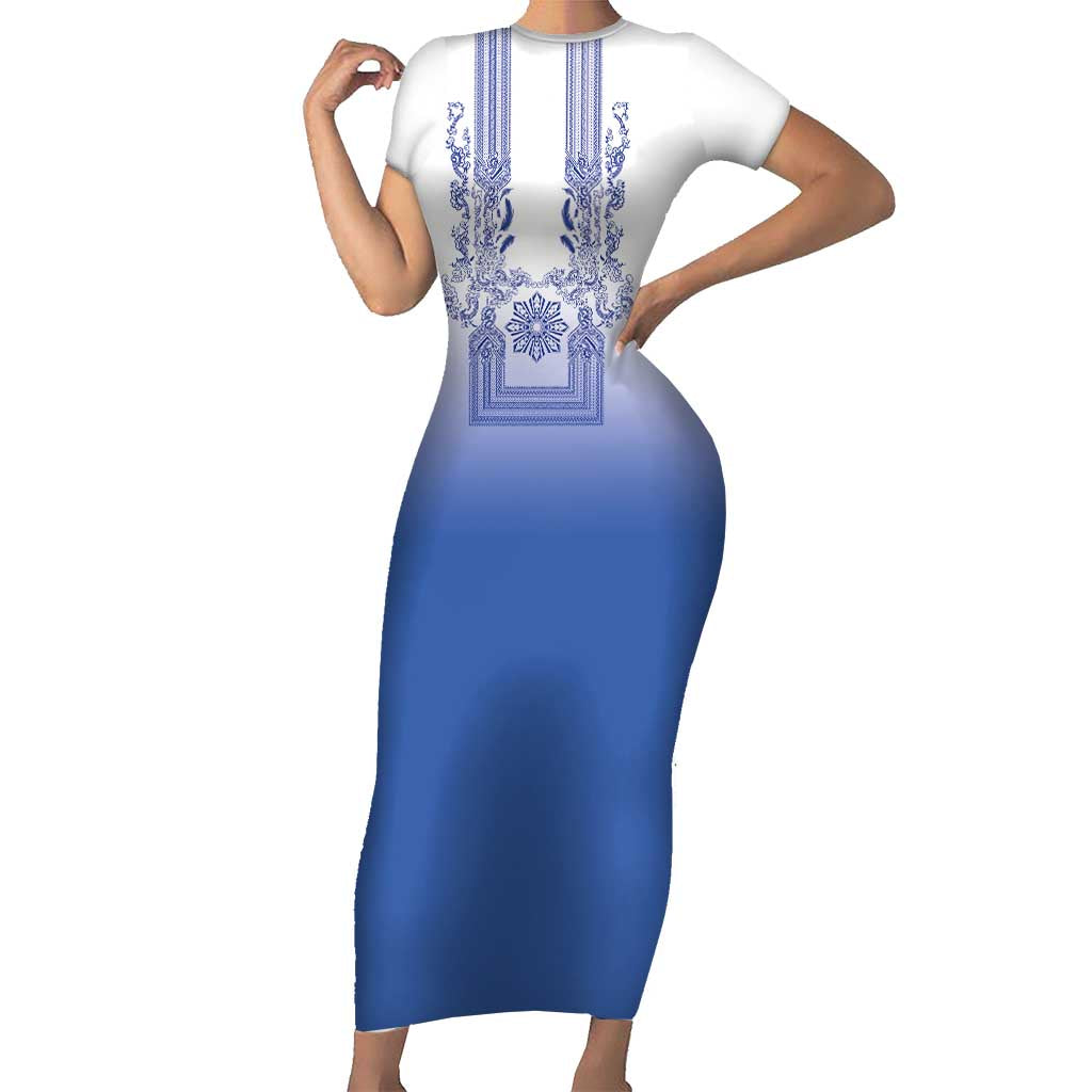 Philippines Barong Style Short Sleeve Bodycon Dress with Polynesian Art and Leaf Motif Blue Color LT03 Long Dress Blue - Polynesian Pride