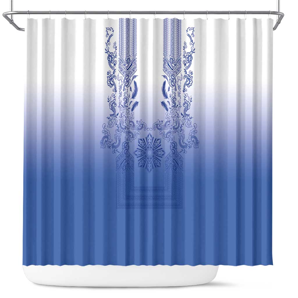 Philippines Barong Style Shower Curtain with Polynesian Art and Leaf Motif Blue Color