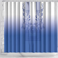 Philippines Barong Style Shower Curtain with Polynesian Art and Leaf Motif Blue Color