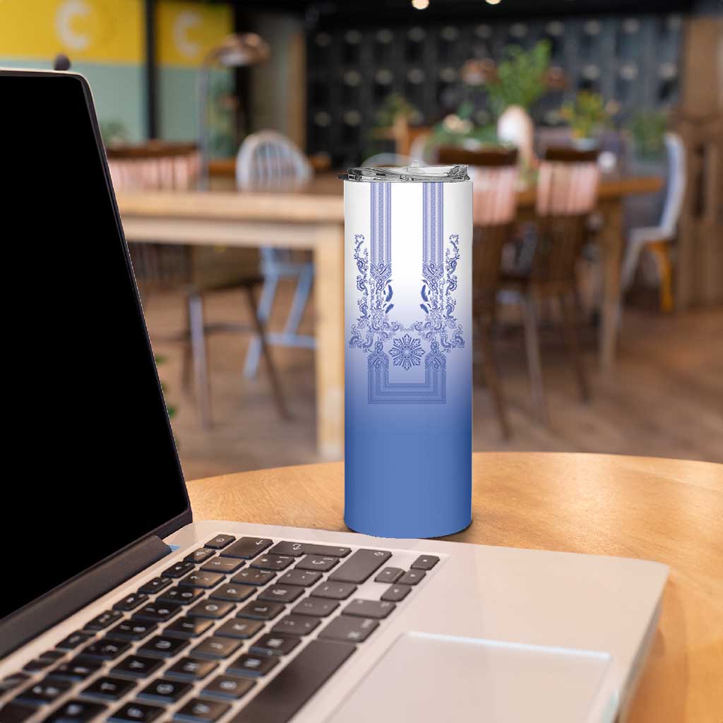 Philippines Barong Style Skinny Tumbler with Polynesian Art and Leaf Motif Blue Color LT03 - Polynesian Pride
