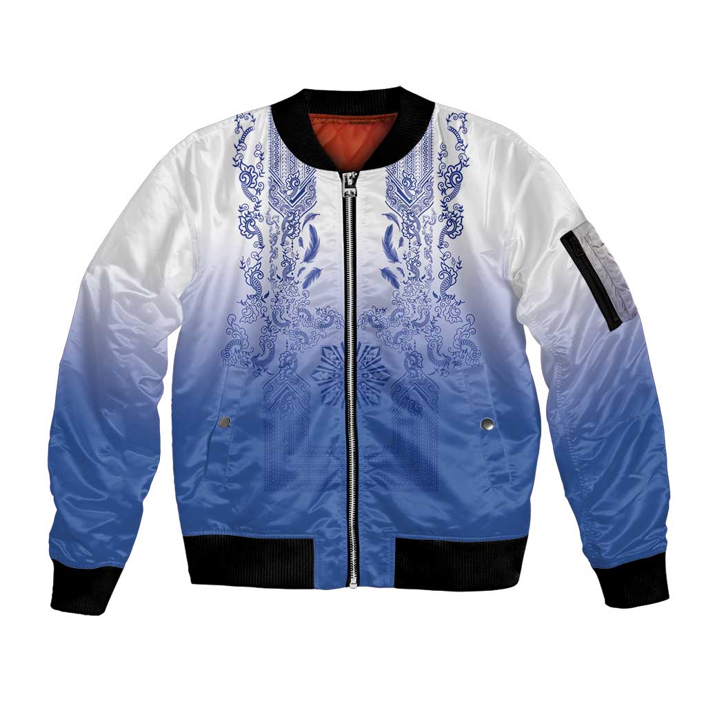 Philippines Barong Style Sleeve Zip Bomber Jacket with Polynesian Art and Leaf Motif Blue Color